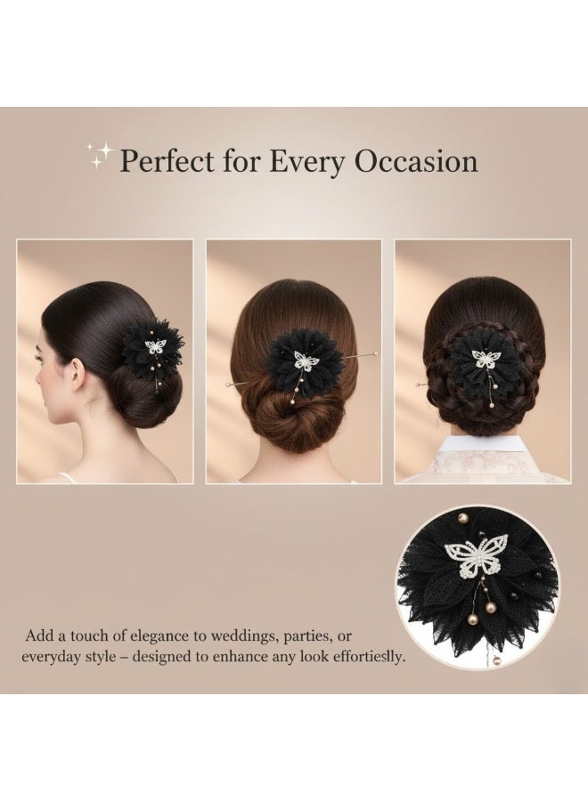 Dantiya Black Floral Hair Bun Shapers Clips for Women & Girls - Non-Slip Strong Hold Bow Hair Accessory with Pearl & Rhinestone Butterfly – Girls Fashion Hair Accessories for Styling, Pinning Bangs, Buns, Bridesmaid's Party, & Everyday Hairstyles - Image 3