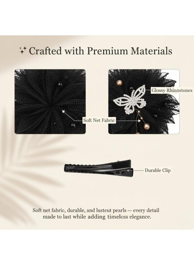 Dantiya Black Floral Hair Bun Shapers Clips for Women & Girls - Non-Slip Strong Hold Bow Hair Accessory with Pearl & Rhinestone Butterfly – Girls Fashion Hair Accessories for Styling, Pinning Bangs, Buns, Bridesmaid's Party, & Everyday Hairstyles - Image 4