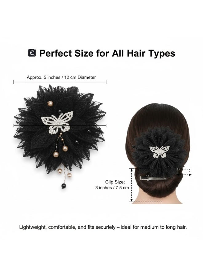Dantiya Black Floral Hair Bun Shapers Clips for Women & Girls - Non-Slip Strong Hold Bow Hair Accessory with Pearl & Rhinestone Butterfly – Girls Fashion Hair Accessories for Styling, Pinning Bangs, Buns, Bridesmaid's Party, & Everyday Hairstyles - Image 5