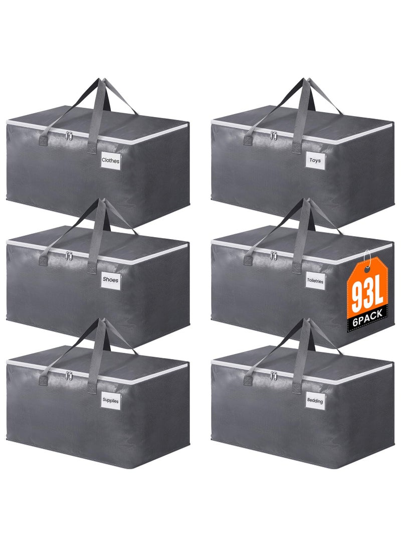 Large Moving Boxes and with Zippers & Handles Moving Supplies with lids, Heavy Duty Totes for Storage Bags for Space Saving, Fold Flat, Moving and Storing 93L, 6 Pack