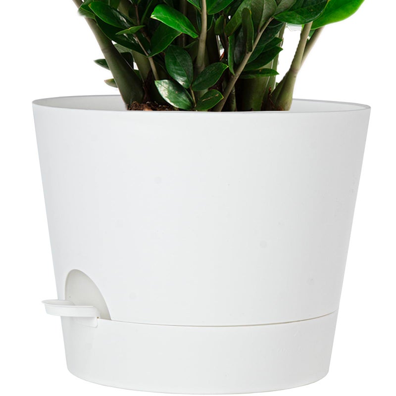 SwinDuck 12inch Large Self Watering Plant Pot Plastic Cylinder Planter with 60Oz Deep Reservoir and Saucer for Indoor Outdoor Plants Flowers Houseplants White