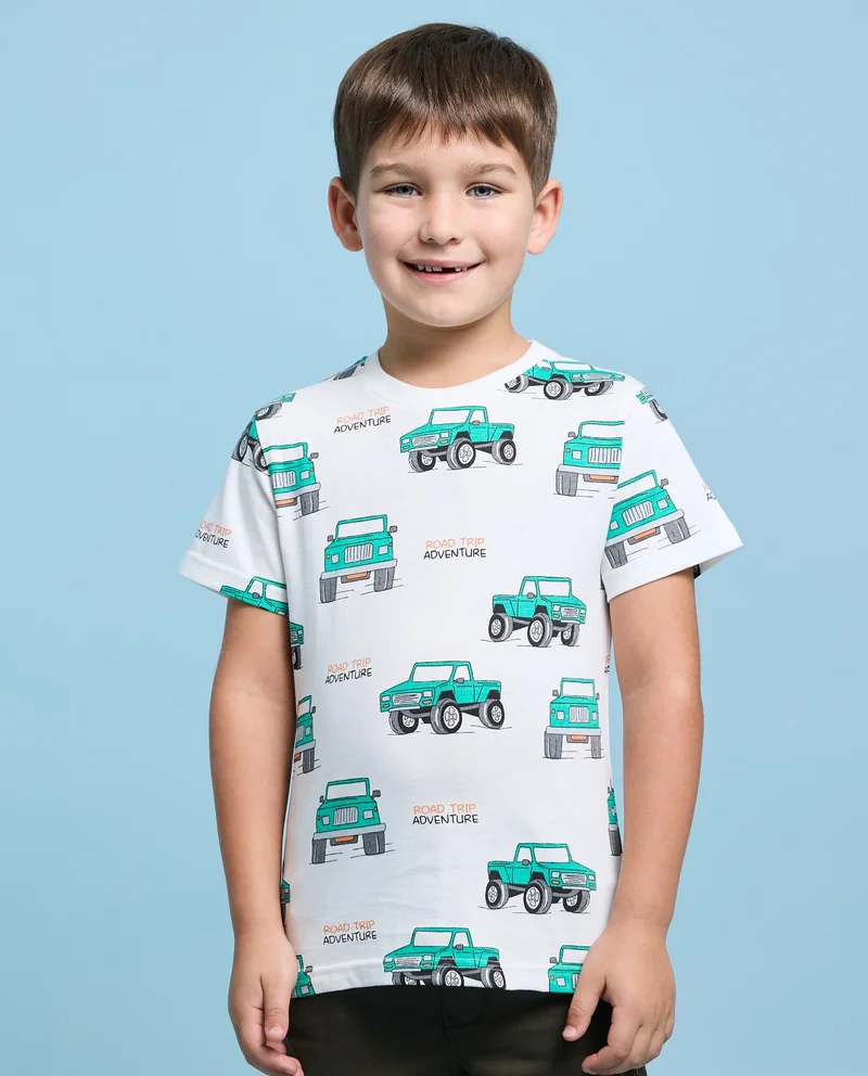 أر أند بي Printed T-Shirt with Crew Neck and Short Sleeves