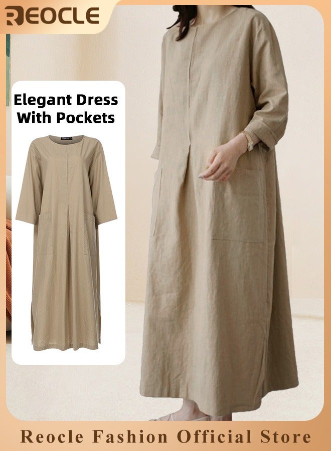 REOCLE Women's Maxi Dress Cotton Linen Dress Long Sleeve Casual Long Dress with Pockets Simple Loose Round Neck Dress  - Image 1