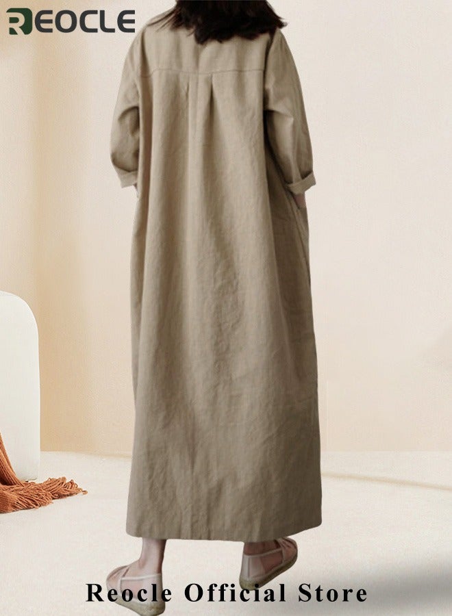 REOCLE Women's Maxi Dress Cotton Linen Dress Long Sleeve Casual Long Dress with Pockets Simple Loose Round Neck Dress  - Image 2