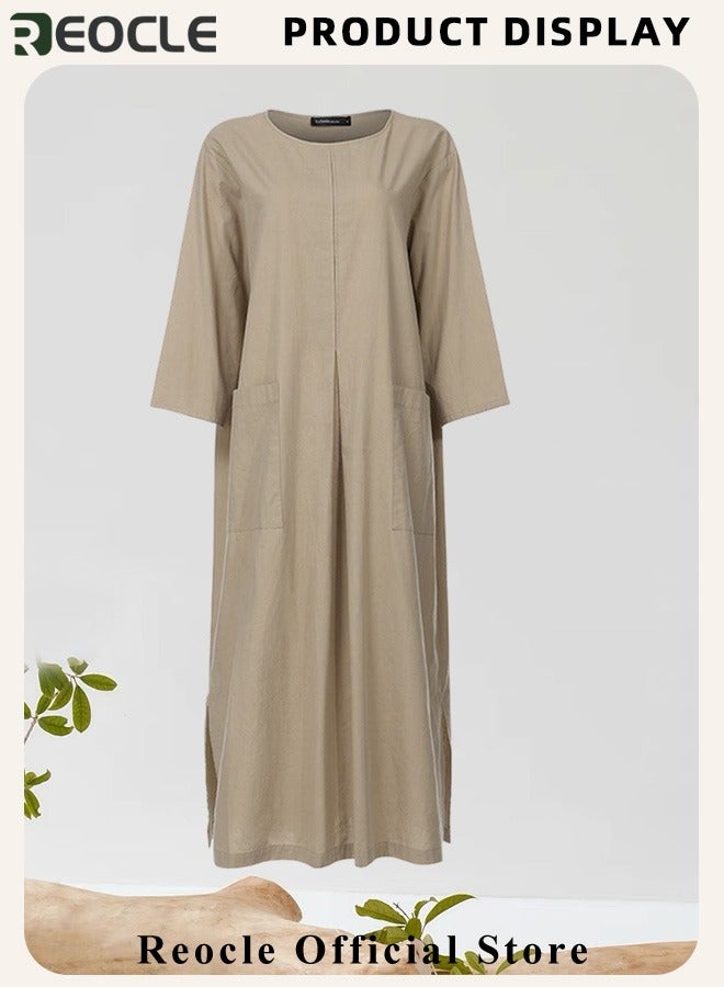 REOCLE Women's Maxi Dress Cotton Linen Dress Long Sleeve Casual Long Dress with Pockets Simple Loose Round Neck Dress  - Image 5