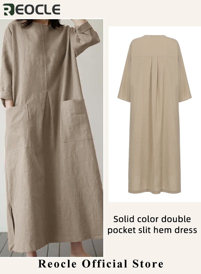 REOCLE Women's Maxi Dress Cotton Linen Dress Long Sleeve Casual Long Dress with Pockets Simple Loose Round Neck Dress  - Image 3