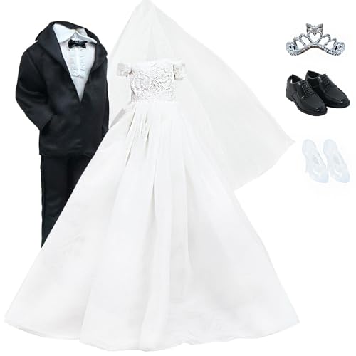 BJDBUS Wedding Set White Dress Bridal Veil and Groom Formal Suit Outfit for Boys Girl 11.5 in. Doll Clothes - Image 3