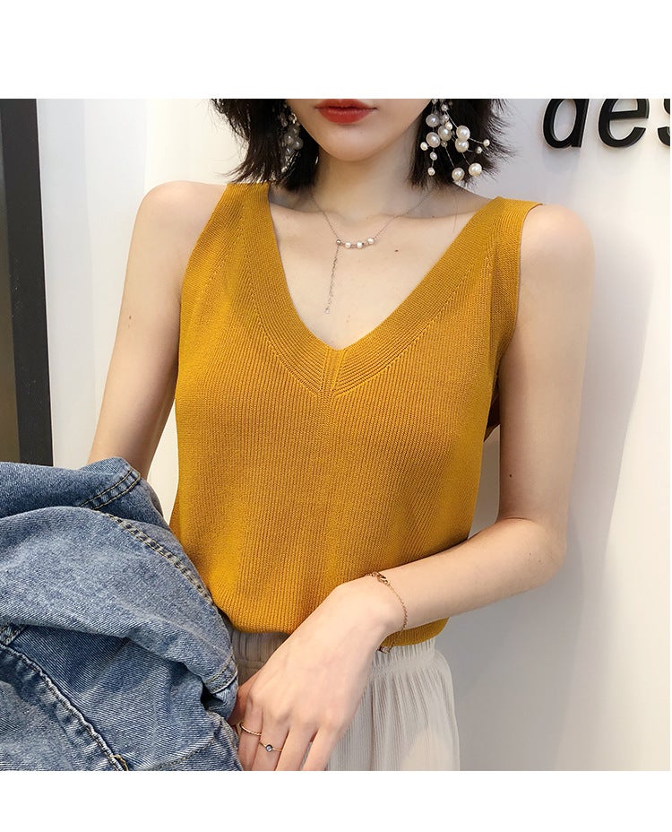Camisole womens inner wear ice silk wool outer wear 2023 Summer sleeveless knitted loose V-neck short bottoming shirt Blue  - Image 2