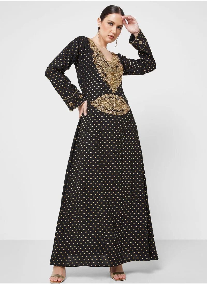 ARABIAN CLOSET Embellished Square Neck Jalabiya