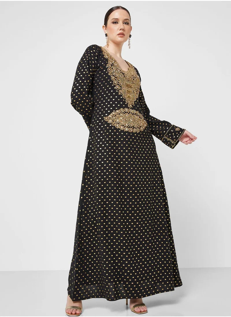 ARABIAN CLOSET Embellished Square Neck Jalabiya