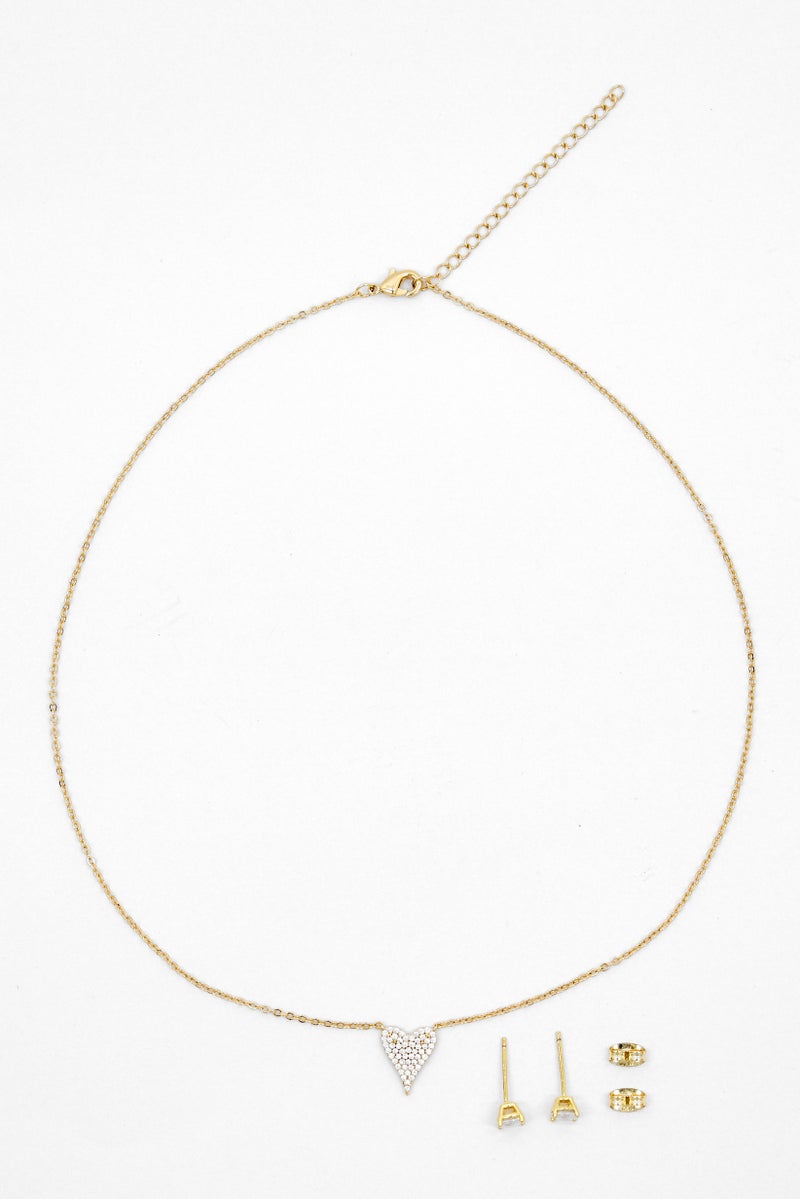 Sweet & Simple Women 3 Pcs Crystal Pendant Necklace and Studs Earrings, Gold - Image 1