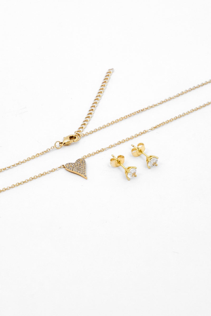 Sweet & Simple Women 3 Pcs Crystal Pendant Necklace and Studs Earrings, Gold - Image 2