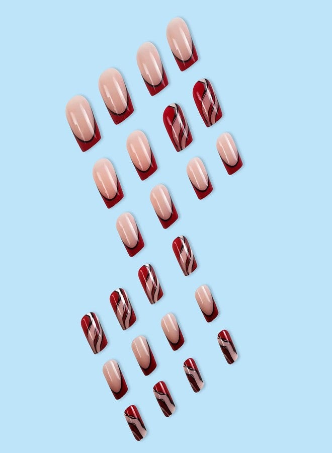 Vezocim Red Press on Nails Square Shapes 24Pcs French Tips Glossy Full Cover Medium Acrylic Square False Nails with Line Designs Artificial Coffin Fake Nails Glue Stick ons Fingernails for Women - Image 3