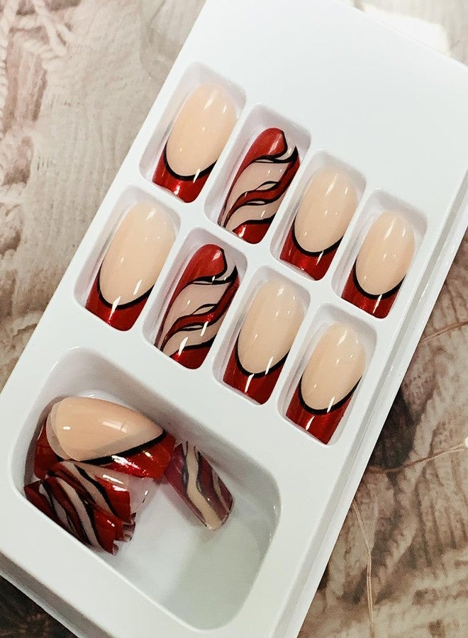 Vezocim Red Press on Nails Square Shapes 24Pcs French Tips Glossy Full Cover Medium Acrylic Square False Nails with Line Designs Artificial Coffin Fake Nails Glue Stick ons Fingernails for Women - Image 5