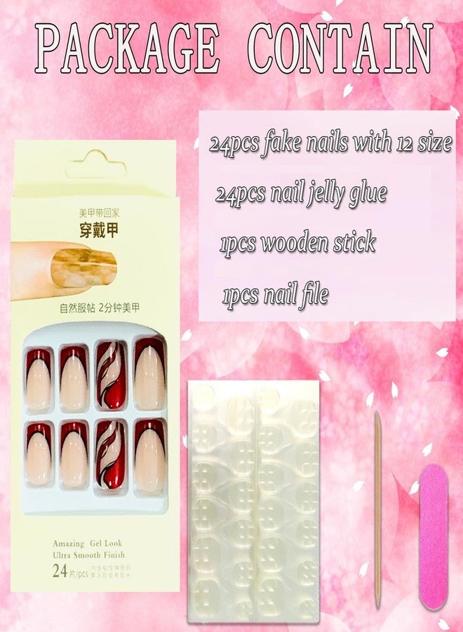 Vezocim Red Press on Nails Square Shapes 24Pcs French Tips Glossy Full Cover Medium Acrylic Square False Nails with Line Designs Artificial Coffin Fake Nails Glue Stick ons Fingernails for Women - Image 4