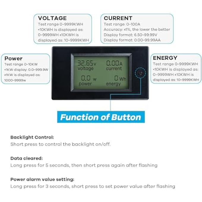 NALACAL Digital Ammeter Voltmeter Dc 65100V 0100A Lcd Display Digital Power Monitoring Meter Voltage Current Power Energy Meter Ammeter Voltmeter Multimeter With 100A Current Shunt - Image 3