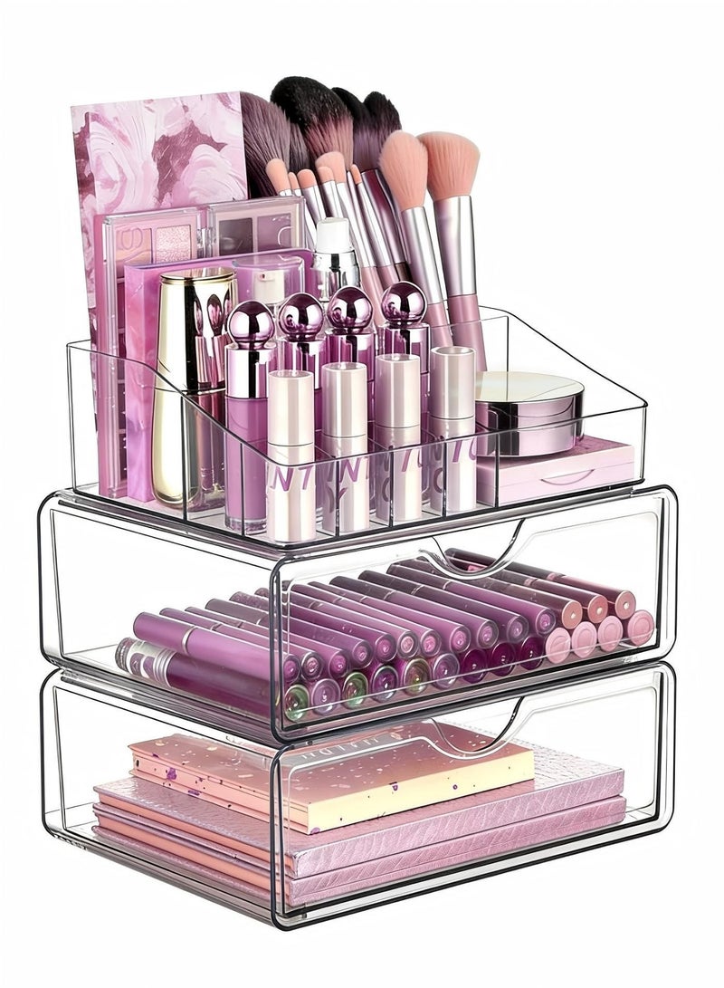 AiheArron 3 Tier Clear Makeup Organizer with Drawer,Cosmetic Storage for Dresser Countertop and Bathroom Vanity,Beauty Holder for Lipstick Brush Skincare - Image 1