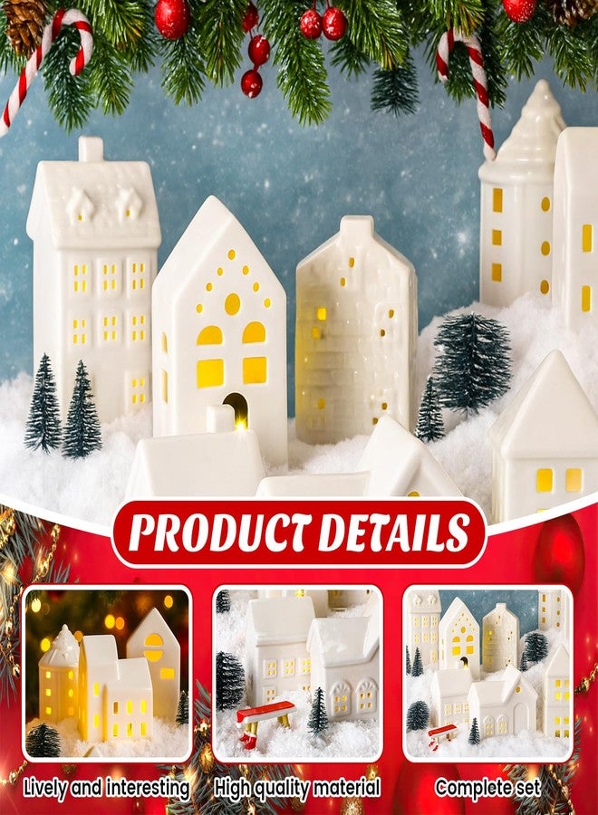 Barydat 40 Pcs Ceramic Christmas Village Set 10 LED White Village House Figurines 30 Xmas Trees Benches Streetlamps Accessories for Christmas Desktop Table Centerpiece Winter Holiday Decor - Image 5