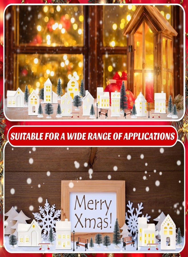 Barydat 40 Pcs Ceramic Christmas Village Set 10 LED White Village House Figurines 30 Xmas Trees Benches Streetlamps Accessories for Christmas Desktop Table Centerpiece Winter Holiday Decor - Image 3
