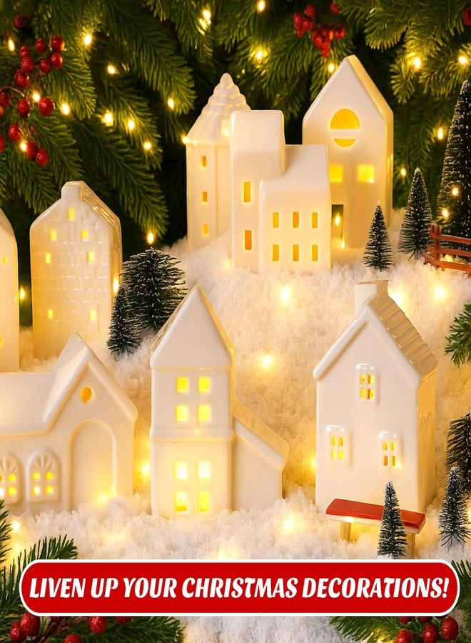 Barydat 40 Pcs Ceramic Christmas Village Set 10 LED White Village House Figurines 30 Xmas Trees Benches Streetlamps Accessories for Christmas Desktop Table Centerpiece Winter Holiday Decor - Image 4