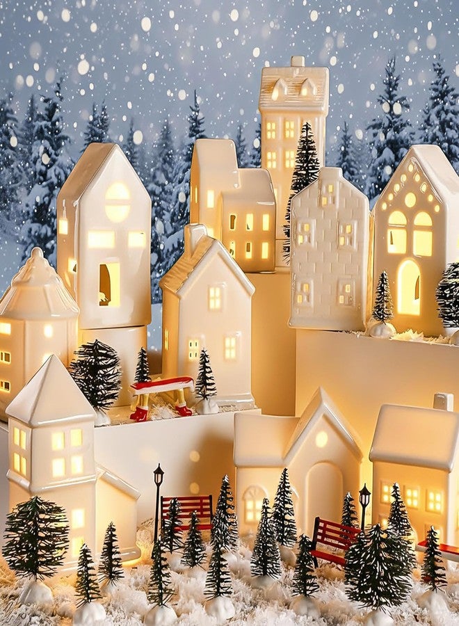 Barydat 40 Pcs Ceramic Christmas Village Set 10 LED White Village House Figurines 30 Xmas Trees Benches Streetlamps Accessories for Christmas Desktop Table Centerpiece Winter Holiday Decor - Image 1