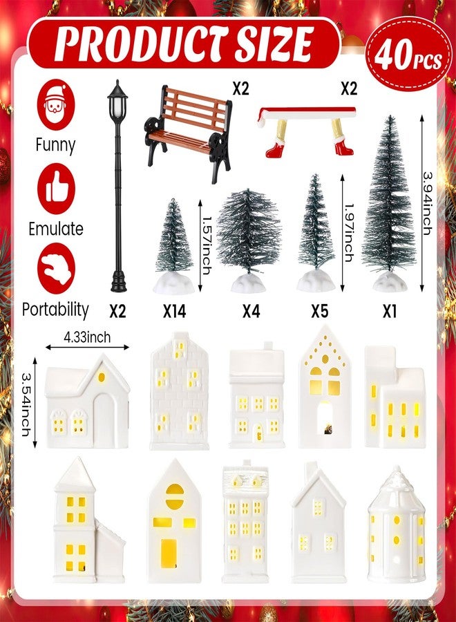 Barydat 40 Pcs Ceramic Christmas Village Set 10 LED White Village House Figurines 30 Xmas Trees Benches Streetlamps Accessories for Christmas Desktop Table Centerpiece Winter Holiday Decor - Image 2