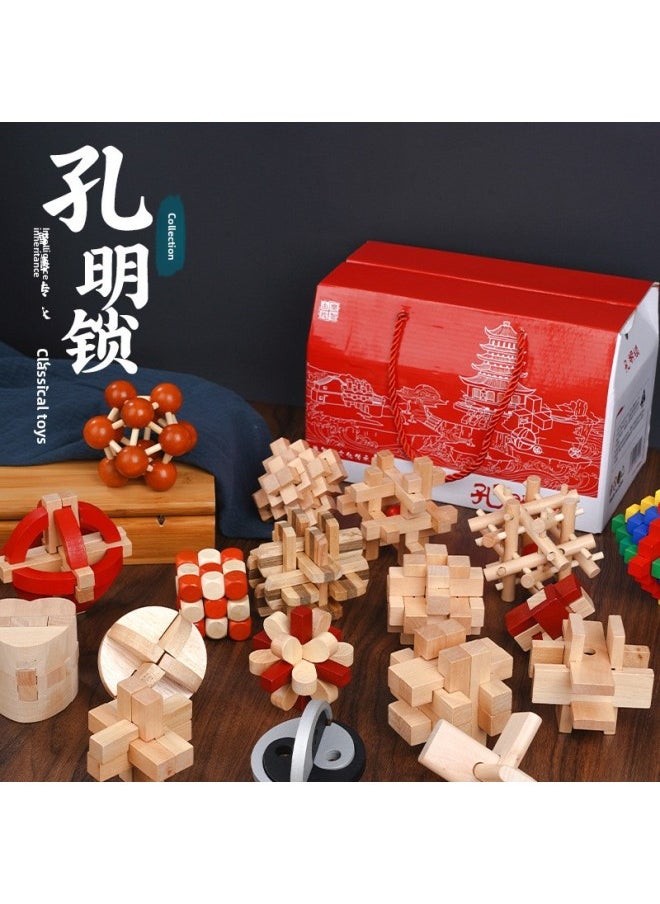 Generic - Kong Ming Lock Luban Lock Full Suit Gifts For Children's Educational Toys Decompression Unlock Intelligence-Color:Beech Nine-piece Set B Advanced, Recommend Primary School - Image 1