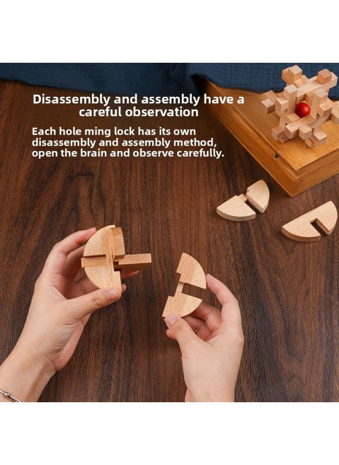 Generic - Kong Ming Lock Luban Lock Full Suit Gifts For Children's Educational Toys Decompression Unlock Intelligence-Color:Beech Nine-piece Set B Advanced, Recommend Primary School - Image 1
