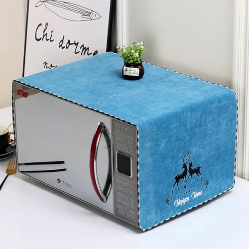 Xpandio Decorative Microwave Oven Cover Non Slip Cotton Linen Fabric Cloth Machine Protector with Deer Design Scalloped Edge, 100 x 35 cm (BLUE) - Image 1