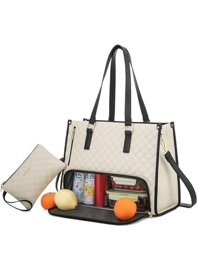 Beauenty Lunch Tote Bag for Women, 15.6 Inch Laptop Bag with Insulated Lunch Compartment, Quilted Large Capacity Computer Handbag with Purse for Business, Work, Collage, Office, Casual, Beige-black - Image 1