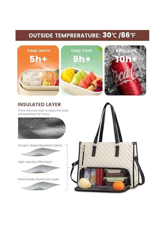 Beauenty Lunch Tote Bag for Women, 15.6 Inch Laptop Bag with Insulated Lunch Compartment, Quilted Large Capacity Computer Handbag with Purse for Business, Work, Collage, Office, Casual, Beige-black - Image 2