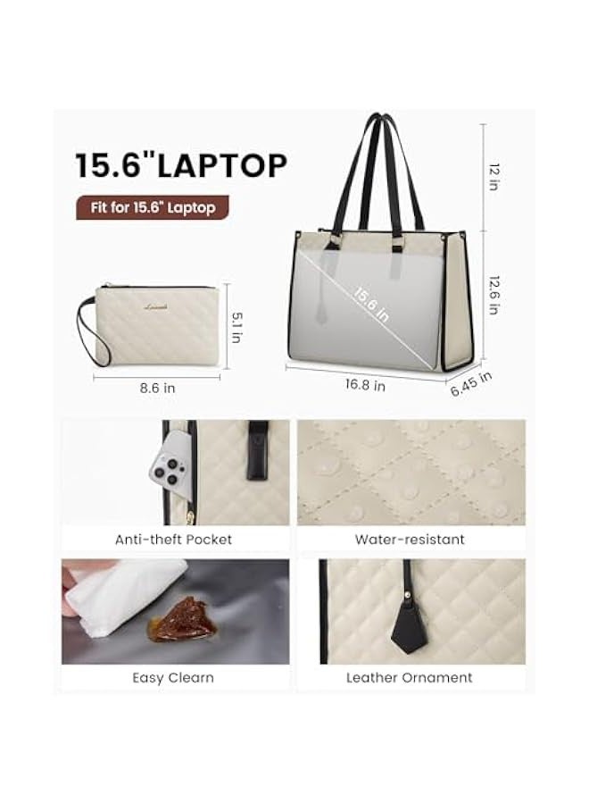 Beauenty Lunch Tote Bag for Women, 15.6 Inch Laptop Bag with Insulated Lunch Compartment, Quilted Large Capacity Computer Handbag with Purse for Business, Work, Collage, Office, Casual, Beige-black - Image 3