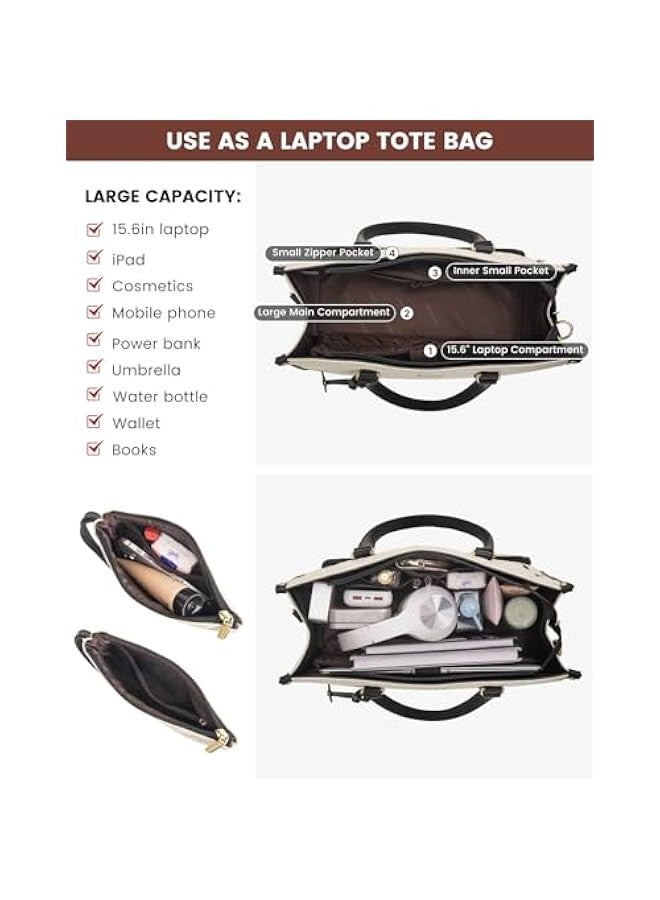 Beauenty Lunch Tote Bag for Women, 15.6 Inch Laptop Bag with Insulated Lunch Compartment, Quilted Large Capacity Computer Handbag with Purse for Business, Work, Collage, Office, Casual, Beige-black - Image 4