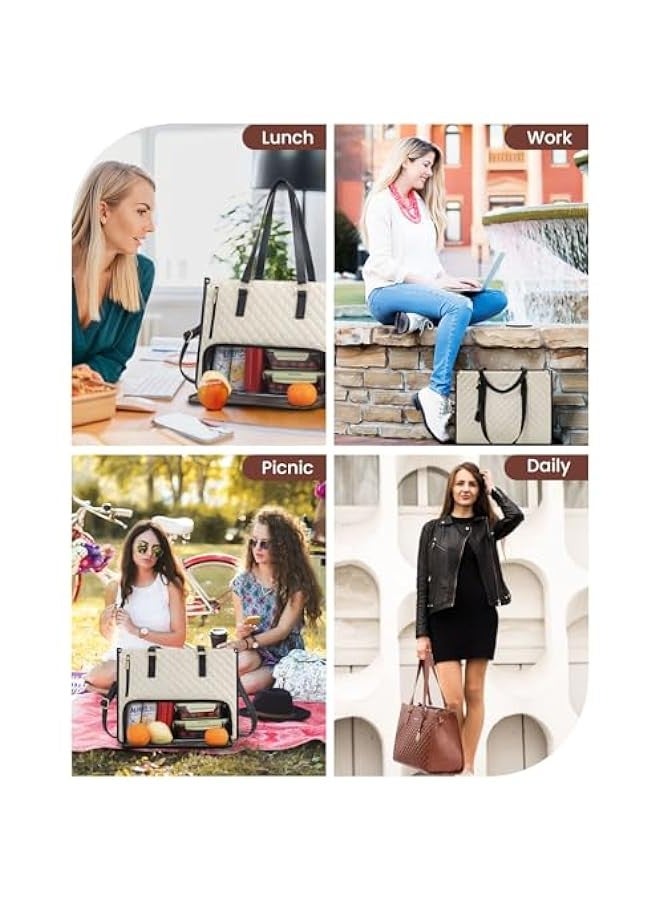 Beauenty Lunch Tote Bag for Women, 15.6 Inch Laptop Bag with Insulated Lunch Compartment, Quilted Large Capacity Computer Handbag with Purse for Business, Work, Collage, Office, Casual, Beige-black - Image 5