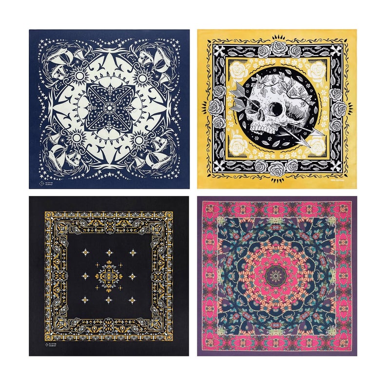 Bycc Bynn 4-Pack 100% Cotton Bandana Set, Vintage Graphic Print, 22x22 inches (Assorted 4) - Image 1
