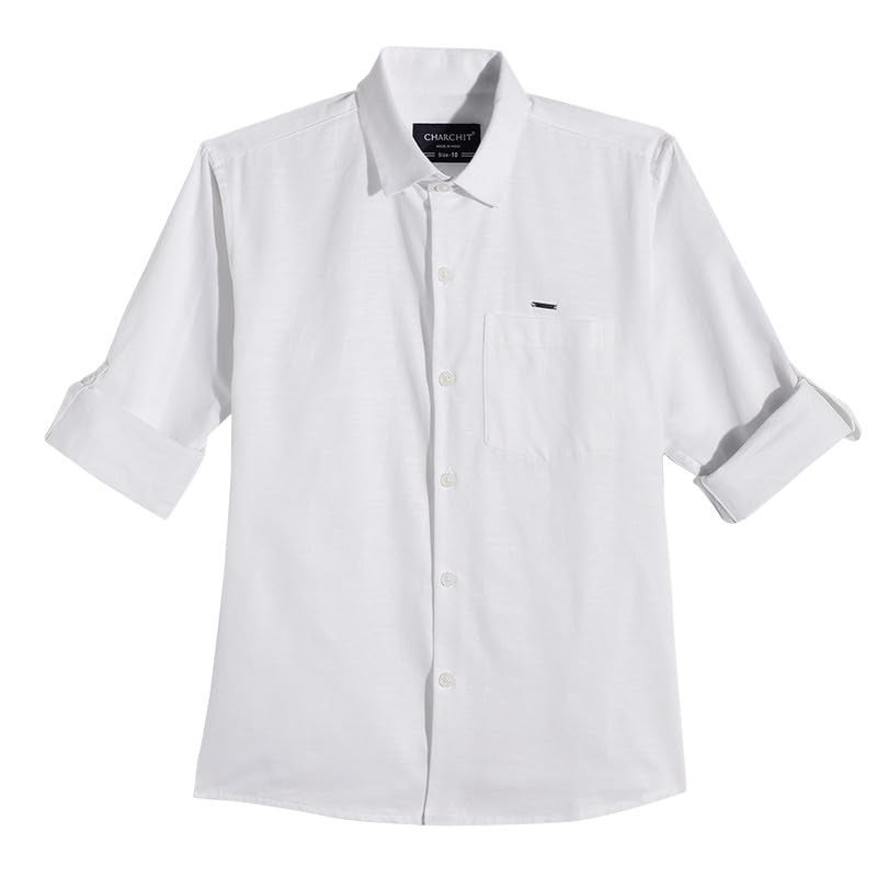 CHARCHIT Boys Cotton Regular Fit Plain Full Sleeves Casual Shirt - White - Image 1