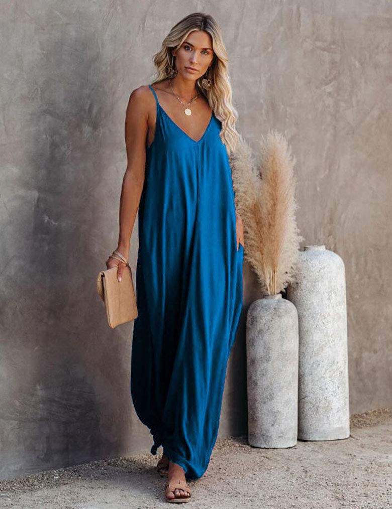 Poetsky Boho Long Dress for Women Strappy Loose V Neck Maxi Beach Dresses (XL, Acid Blue) - Image 2