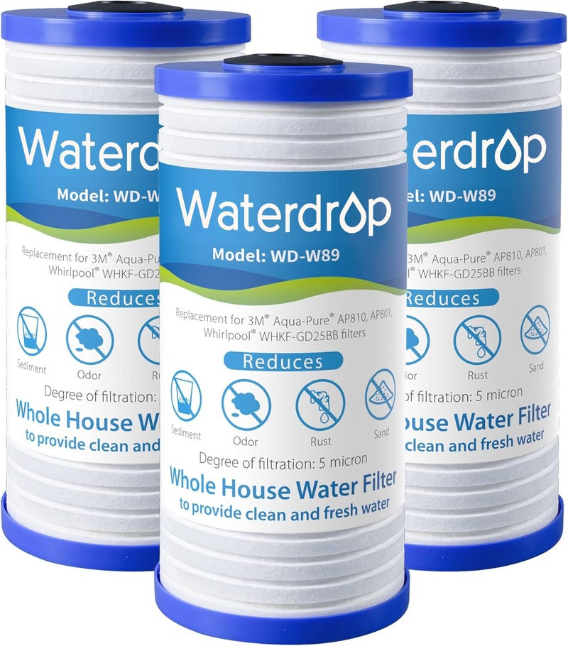 Waterdrop AP810 Whole House Water Filter, Replacement for 3MÂ® Aqua-PureÂ® AP810, AP801, AP811, WhirlpoolÂ® WHKF-GD25BB, WHKF-DWHBB, 5 Micron, 10" x 4.5", Well & Tap Water Filter, Pack of 3 - Image 1