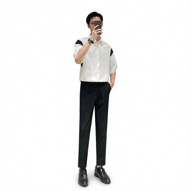 Men's Casual Short Sleeve Shirt Lightweight Ice Silk Patchwork Design - Image 2