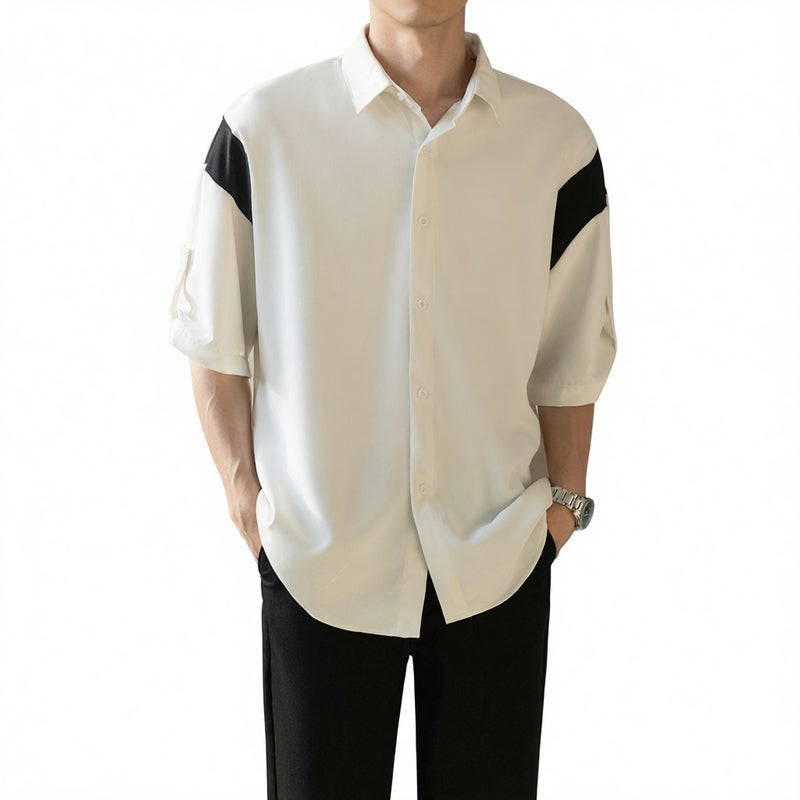 Men's Casual Short Sleeve Shirt Lightweight Ice Silk Patchwork Design - Image 1