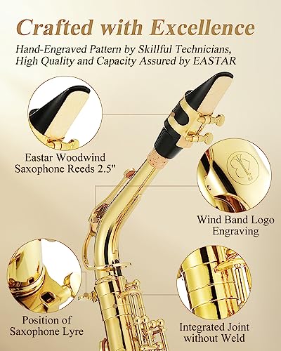 Eastar Professional Alto Saxophone Golden E Flat Eb with Cleaning Kit, Carrying Case, Mouthpiece, Neck Strap, Reeds, Stand, AS-Ⅲ - Image 2