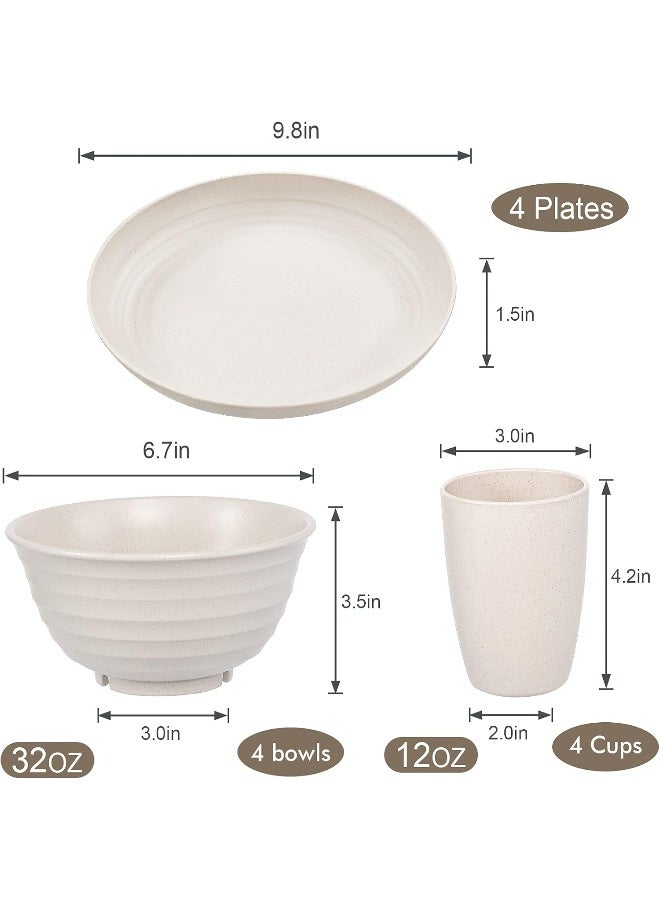 Wwyybfk 12pcs Wheat Straw Dinnerware Sets Wheat Straw Plates and Bowls Sets for 4 Microwave Dishwasher Safe Lightweight Beige - Image 2