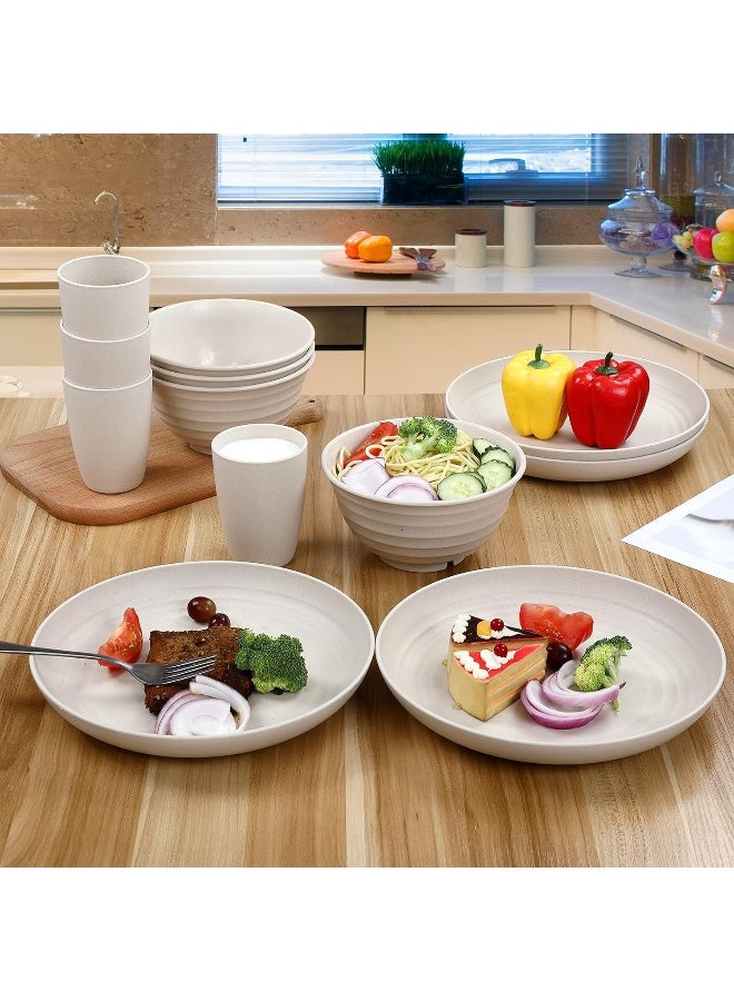 Wwyybfk 12pcs Wheat Straw Dinnerware Sets Wheat Straw Plates and Bowls Sets for 4 Microwave Dishwasher Safe Lightweight Beige - Image 4