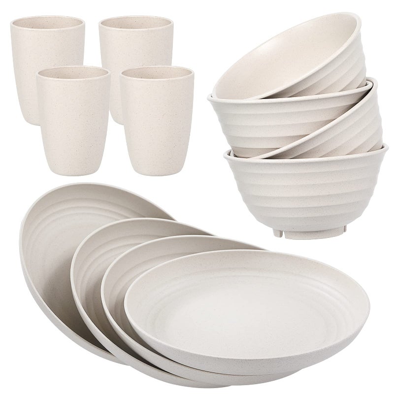 Wwyybfk 12pcs Wheat Straw Dinnerware Sets Wheat Straw Plates and Bowls Sets for 4 Microwave Dishwasher Safe Lightweight Beige - Image 1