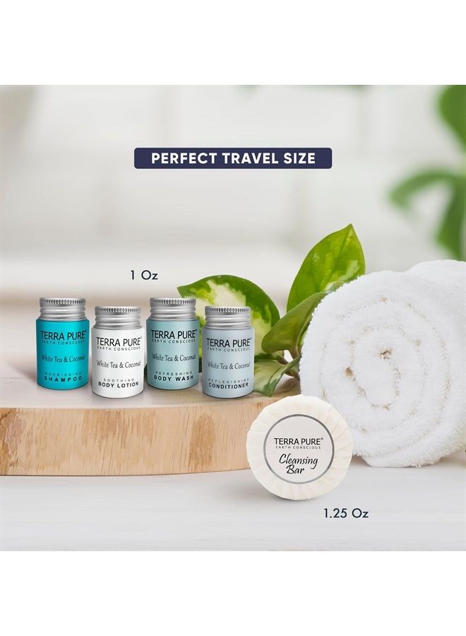 White Tea and Coconut Hotel Soaps and Toiletries Bulk Set | 1-Shoppe All-In-Kit for Hotels | 1oz Shampoo & Conditioner, Body Wash, Lotion & 1.25oz Bar Soap | Travel Size Toiletries 75 Piece