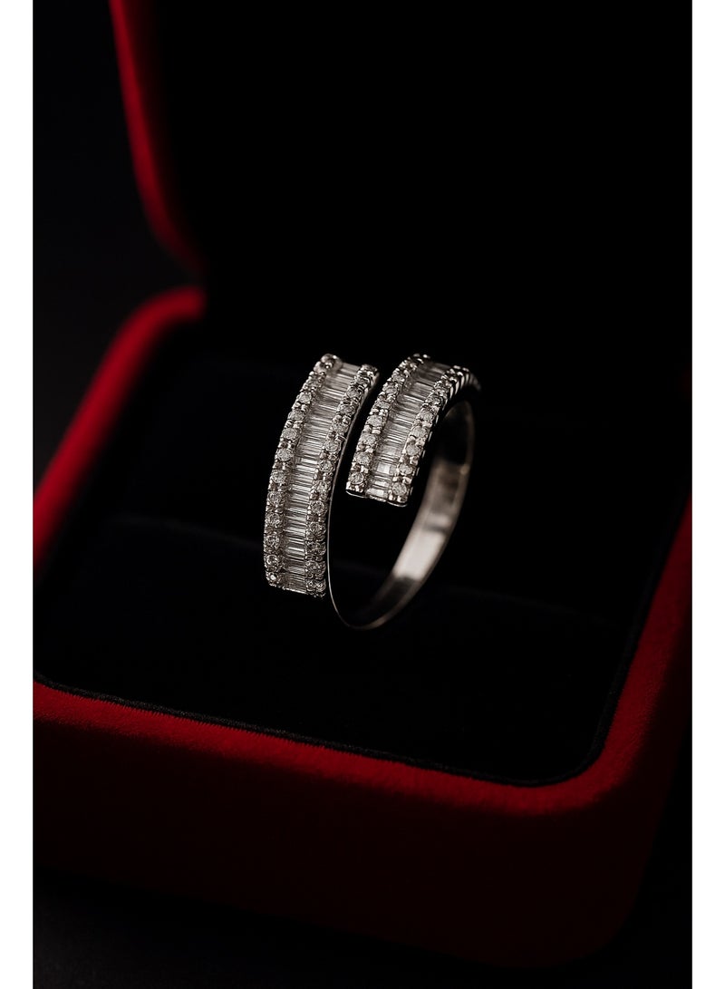 3Diamonds Platinum & Rhodium-Plated Open Ring – Adjustable Silver Band with Baguette & Micro Zircon - Image 4