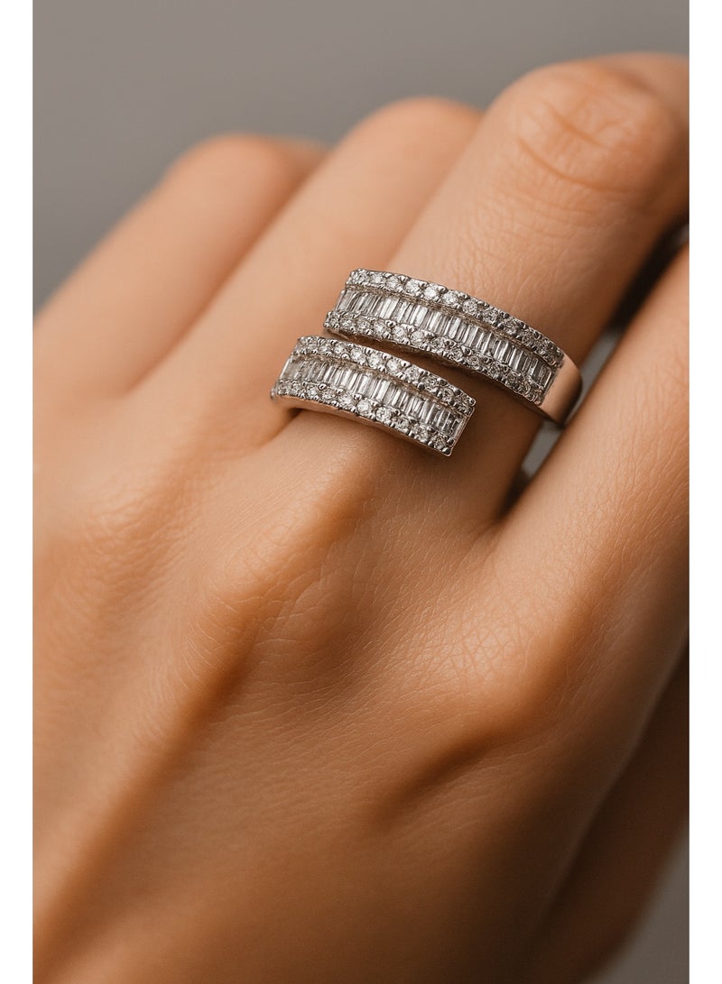 3Diamonds Platinum & Rhodium-Plated Open Ring – Adjustable Silver Band with Baguette & Micro Zircon - Image 3