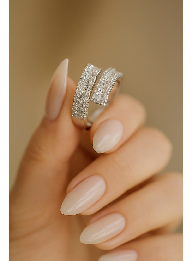 3Diamonds Platinum & Rhodium-Plated Open Ring – Adjustable Silver Band with Baguette & Micro Zircon - Image 2