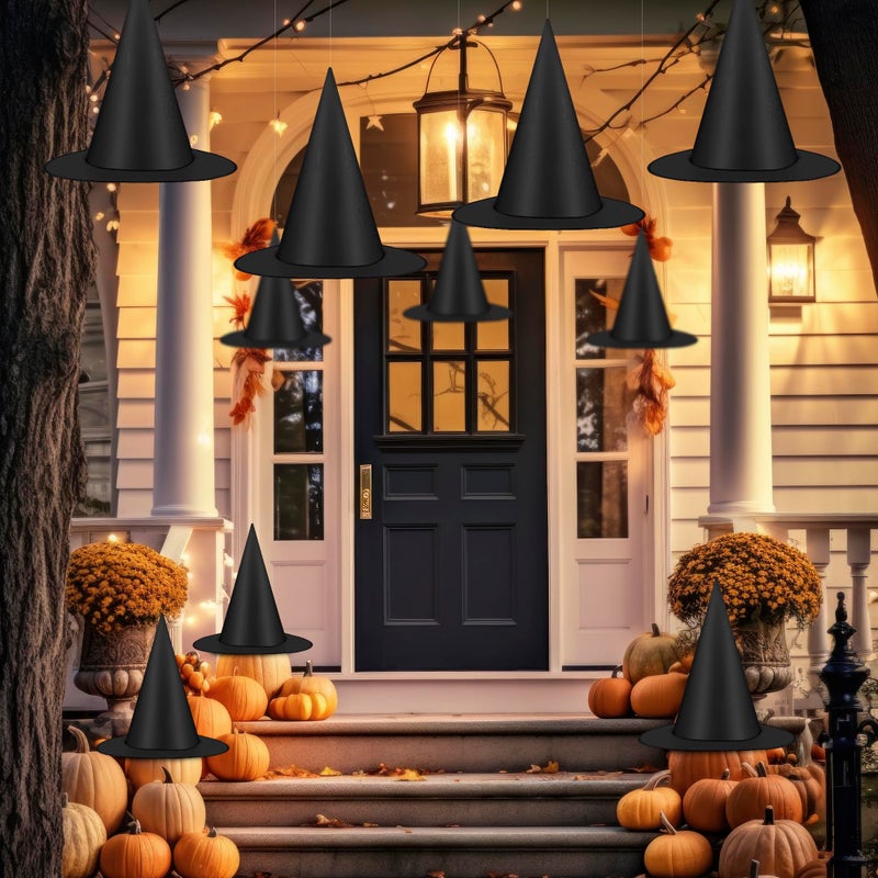 Helimoto 24 PCS Halloween Witch Hat Black Witches Hat Costume Accessories Hanging Witch Hats Halloween Decor with 656 FT Nylon Cord Wizard Hats Indoor Outdoor Home Yard Porch Party Decorations - Image 2