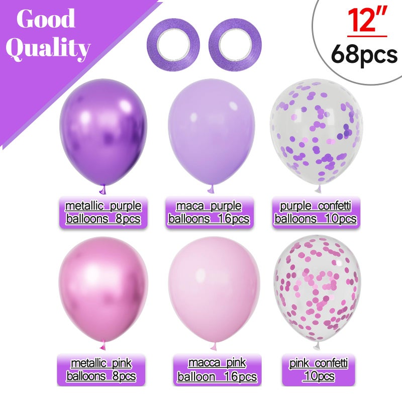 KUULBELA 68Pcs Pink and Purple Balloons 12 Inch Metallic Purple Pink Latex Balloon Confetti ballons with Ribbons Party Balloons for Wedding Girls Birthday Baby Shower Decorations. - Image 2
